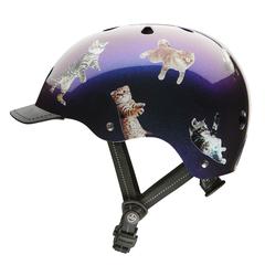 picture of a dark blue helmet with cats floating over it